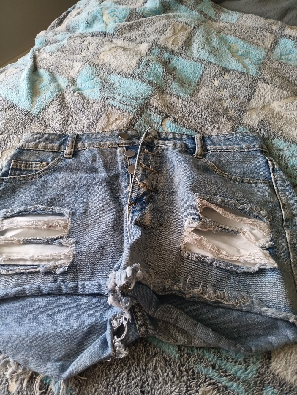 High-Rise Distressed Women’s Denim Shorts - Light Blue